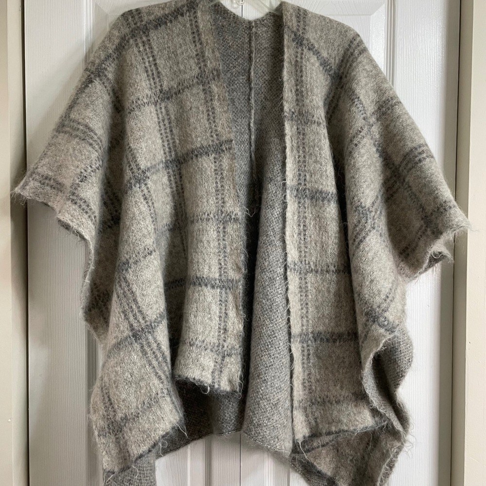 Eileen Fisher Brushed‎ Plaid Mohair Alpaca Blend Open Front Poncho Cape Shrug - Picture 3 of 10